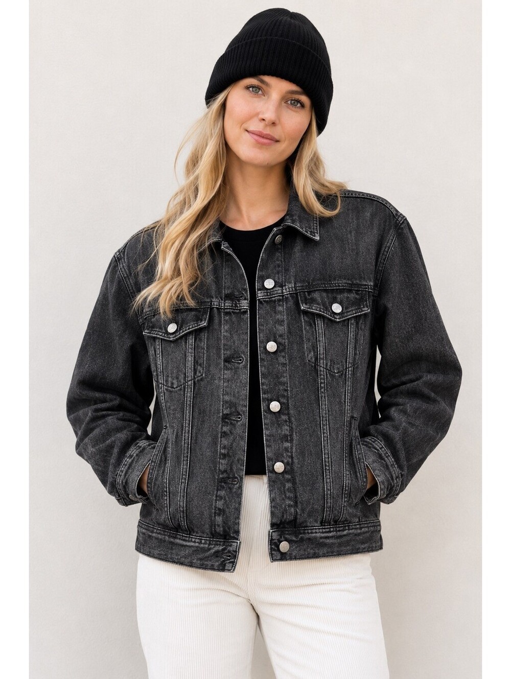 Lee Women’s Black Denim Jacket 2XL Short Button Front Collared Pockets Long